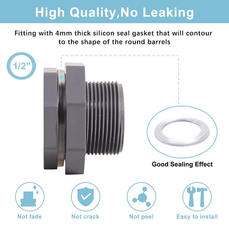 QuQuyi 1/2 Inch PVC Bulkhead Water Tank Connector Adapter Fitting with Plugs Thru-Bulk Pipe Fitting for Rain Barrels  Aquariums  Ponds(Set of 3) - Image 3